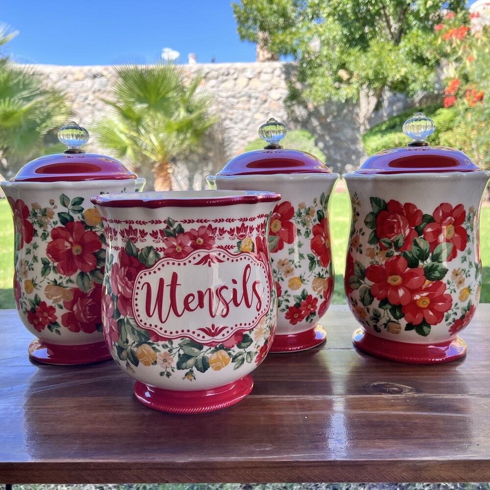 Pioneer Woman Canisters & Utensil Holder Floral 10.25” Red Grandma Kitchen Decor